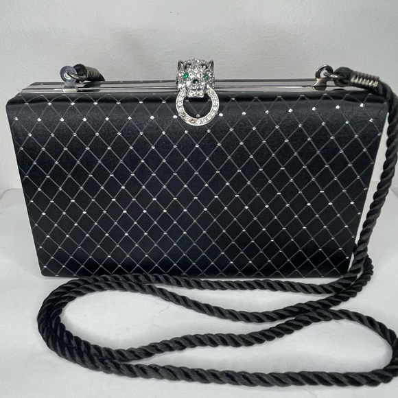 Kenneth Jay Lane Handbags - Vintage Kenneth Jay Lane Black Evening Purse with Rhinestone Panther Clasp